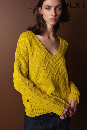 Citrine Yellow Premium Wool Cotton Blend V-Neck Stitch Detail Jumper (T50968) | £98