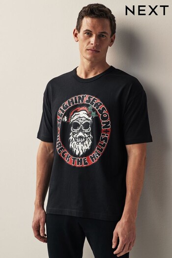 Santa Skull Black Print Christmas T-Shirt (T51003) | £18