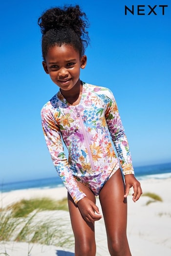 Purple Floral Long Sleeved Swimsuit (3-16yrs) (T52487) | £17 - £22