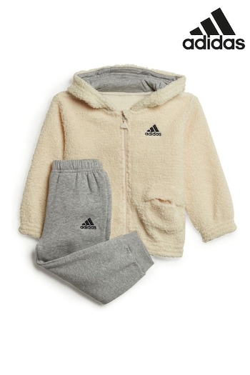 adidas White Hooded Teddy Fleece Joggers Set (T52583) | £35