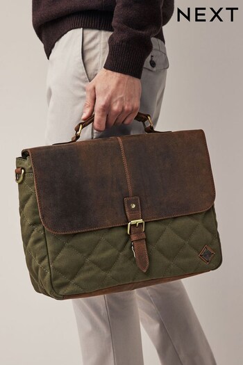Khaki Green Quilted Canvas Briefcase (T53216) | £65