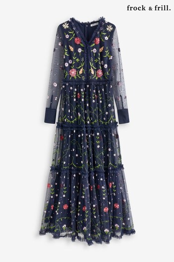 Frock and Frill Blue Embroidered Maxi Dress (T53224) | £195