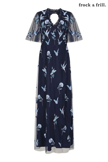 Frock and Frill Blue Embroidered Maxi Dress (T53232) | £165