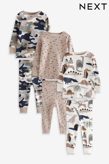 Tan Brown Camouflage Dino 3 Pack Snuggle Pyjamas (9mths-12yrs) (T53641) | £26 - £35