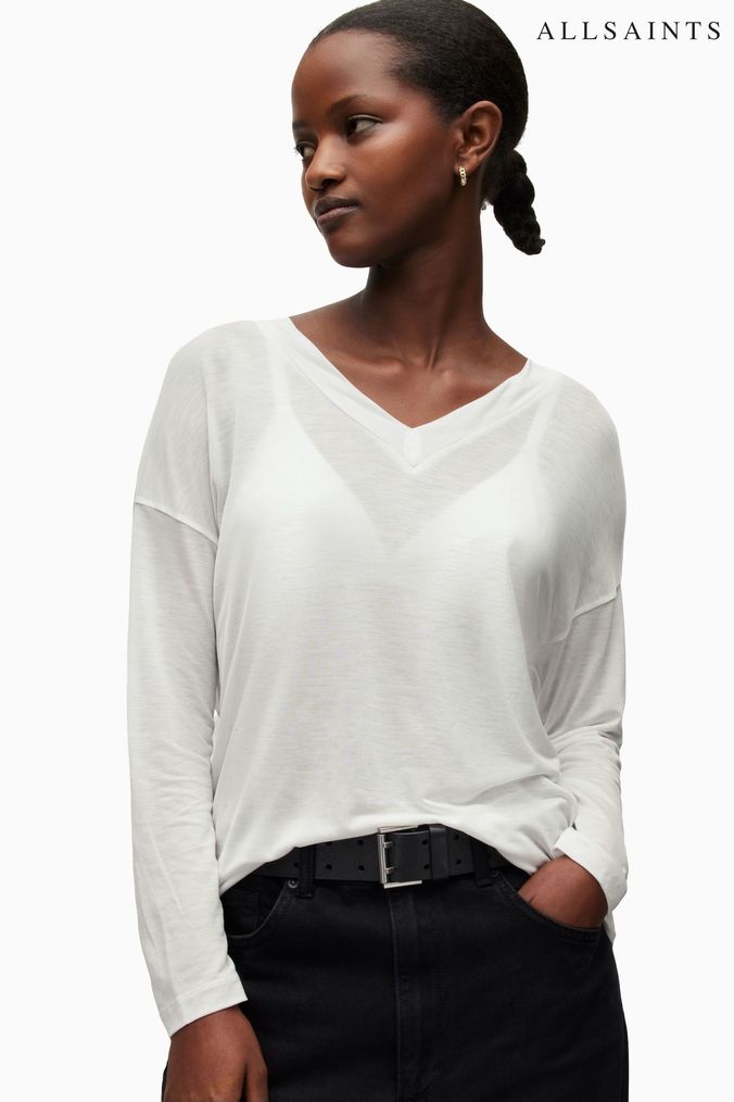 V neck white long 2025 sleeve top