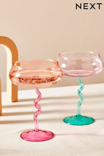 Set of 2 Pink Wiggle Stem Coupe Glasses (T54152) | £24