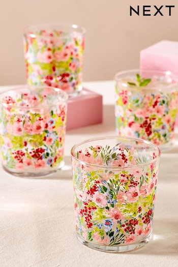 Set of 4 Pink Lisse Floral Tumbler Glasses (T54156) | £16