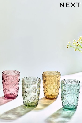 Multi Set of 4 Lisse Floral Pressed Tumbler Glasses (T54157) | £16