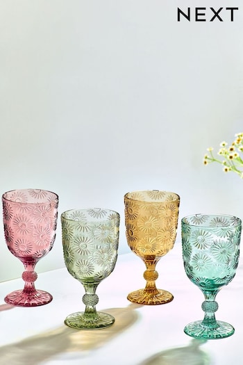 Multi Set of 4 Lisse Floral Pressed Wine Glasses (T54158) | £18