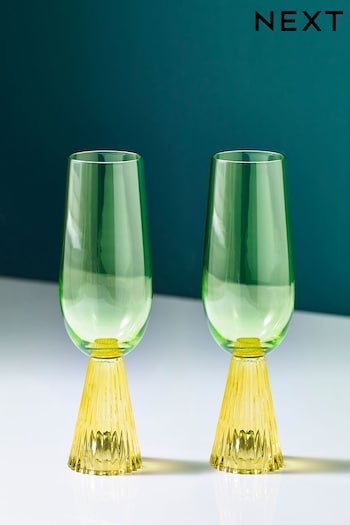Set of 2 Green/Yellow Aubrie Bright Flute Glasses (T54163) | £22