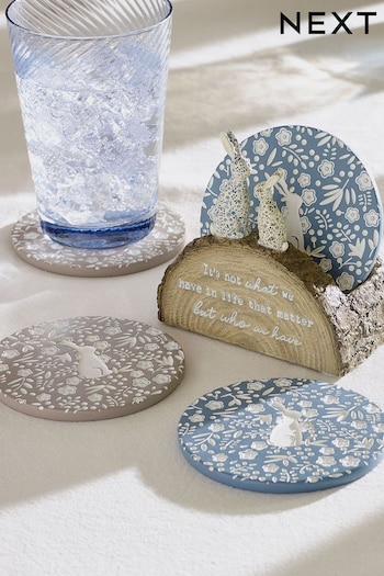 Set of 4 Natural Cordelia Floral Bunny Coasters With Holder (T54254) | £18