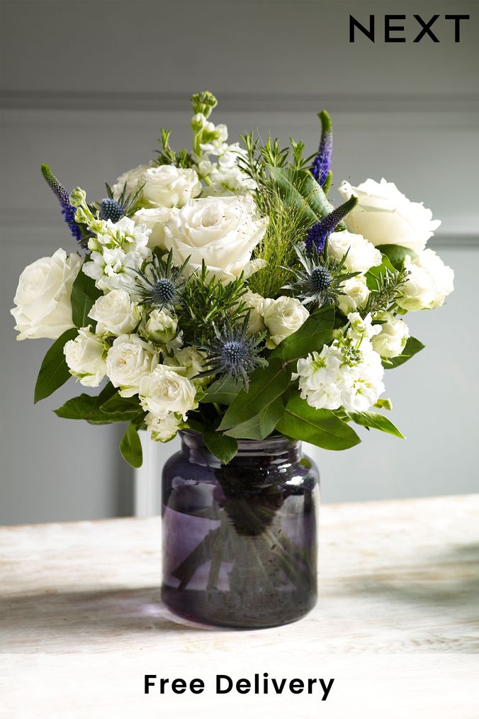 Blue and White Fresh Flower Bouquet including Vase (T54893) | £45
