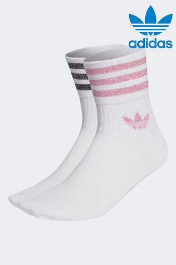 adidas White/Pink Originals Mid-Cut Glitter Crew Socks 2 Pairs (T54942) | £15