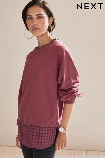 Rose Pink /Checked Print Long Sleeve Layered Sweatshirt with Woven Shirt (T54961) | £32