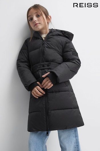 Reiss Black Tia Junior Longline Quilted Hooded Coat (T55107) | £98