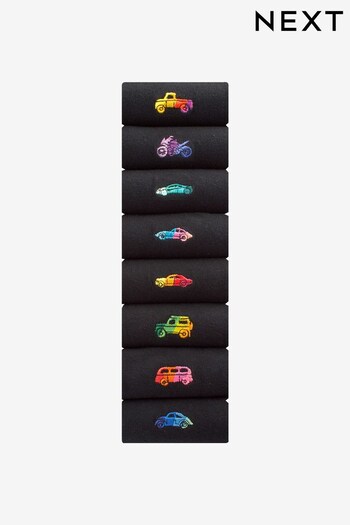 Black Ombre Cars 8 Pack Embroidered Socks (T55207) | £21