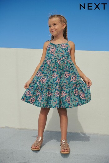 Green/Pink Floral Tiered Strappy Dress (3-16yrs) (T55218) | £16 - £21