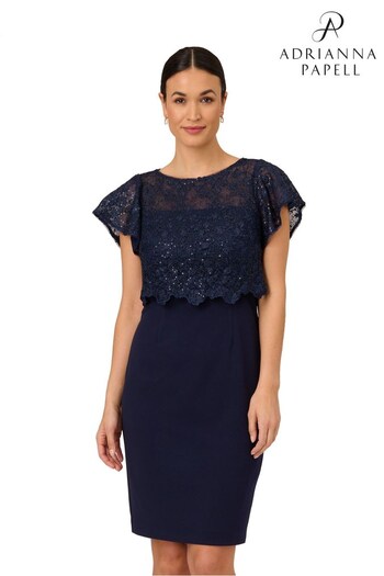Adrianna Papell Blue Sequin Guipure Crepe Dress (T55337) | £159
