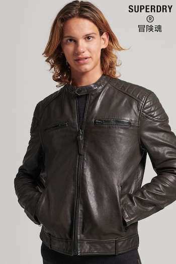 Superdry Grey Leather Moto Racer Jacket (T55598) | £260