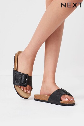 Black Forever Comfort® Leather Single Strap Footbed Sandals (T56364) | £28