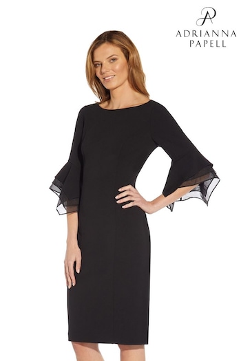 Adrianna Papell Black Knit Crepe Tiered Sleeve Dress (T57153) | £130