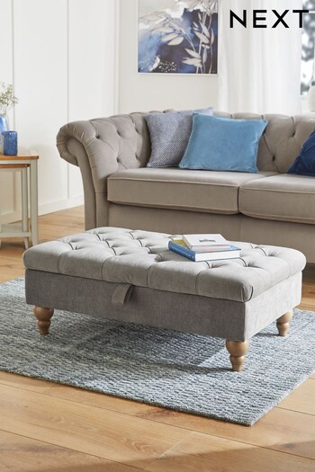 Fine Chenille Mid Grey Albury Buttoned Medium with Storage Footstool (T57259) | £225