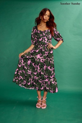 Another Sunday Milkmaid Midi Dress With Lace Trim Detail In Black Geo Print (T57262) | £60