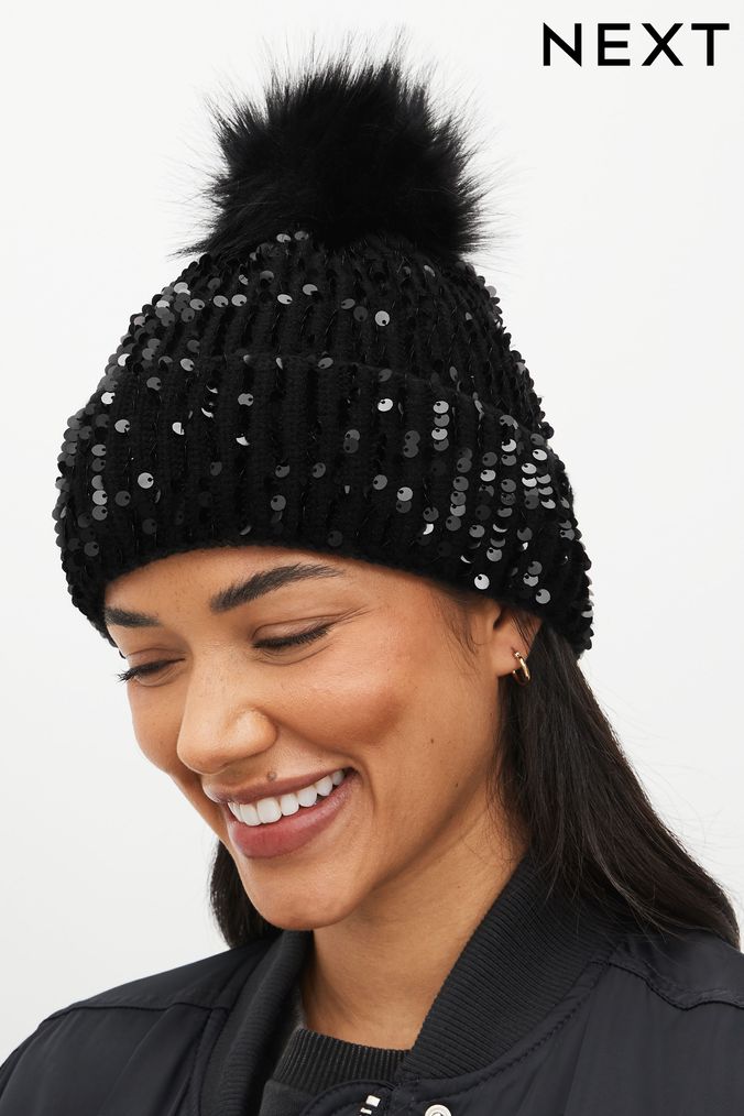 Ladies black pom pom hat sale