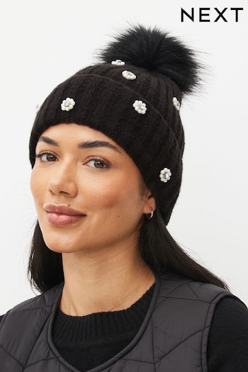 Black Embellished Pearl Pom Hat (T58311) | £25