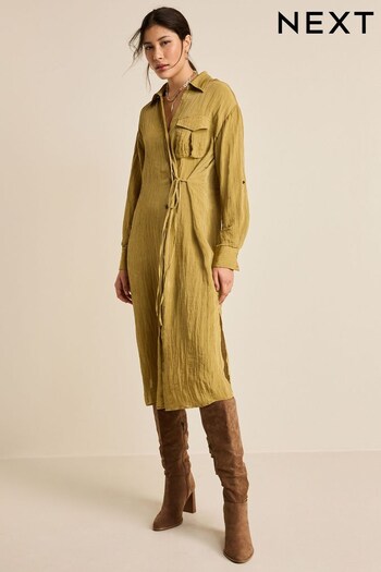 Olive Green Tie Front Long Sleeve Textured Utility Shirt Dress (T58413) | £55