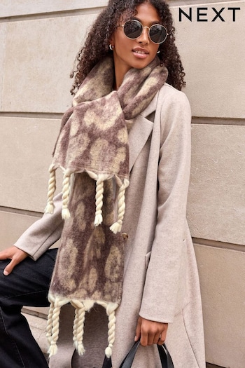 Cream/Berry Animal Heavyweight Blanket Scarf With Chunky Tassels (T58831) | £20