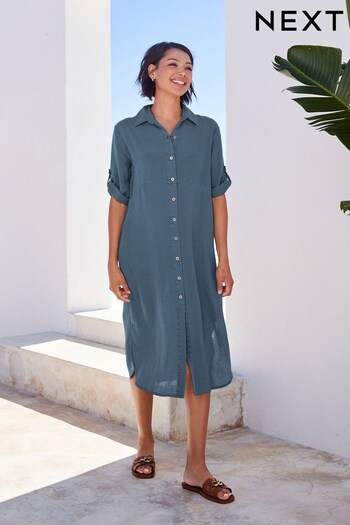 Navy Midi Shirt Summer Dress with Linen (T60005) | £38