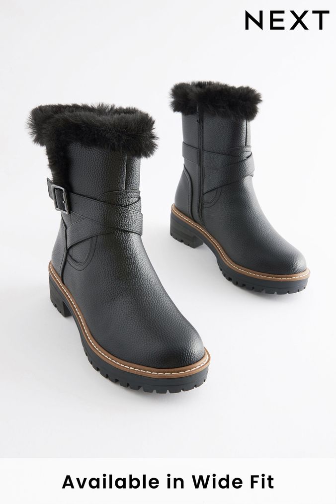 Black Regular/Wide Fit Forever Comfort® Faux Fur Lined Buckle Detail Boots (T60013) | £59