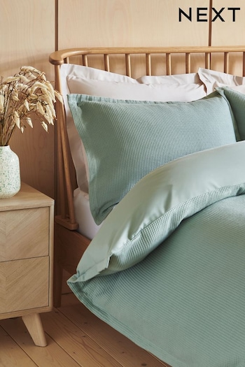 Sage Green Waffle Duvet Cover and Pillowcase Set (T60091) | £35 - £65