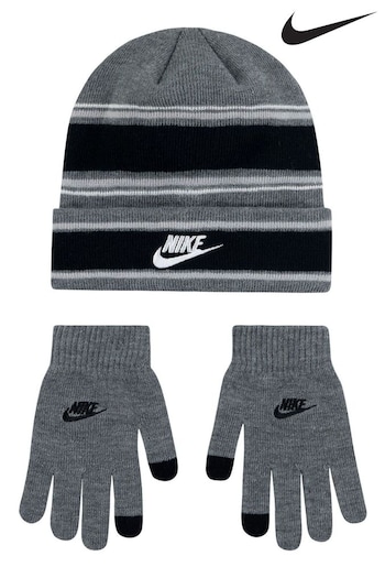 Nike Grey Kids Multi Stripe Beanie Hat and Gloves Set (T60387) | £25