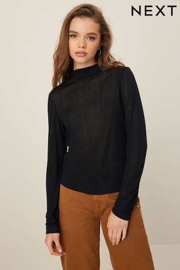 Black Long Sleeve High Neck Semi-Sheer Top (T60415) | £8