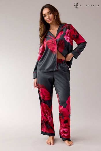 B by Ted Baker Teal Blue Floral Satin Button Through Pyjamas Set (T60533) | £59