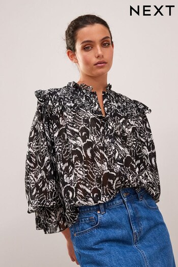 Black and White Feather Print Ruffle Shirred Long Sleeve Blouse (T60824) | £34