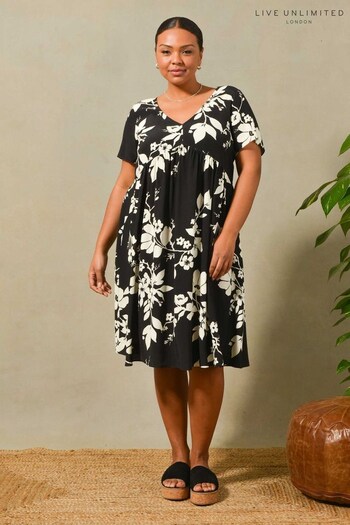 Live Unlimited Curve Black Mono Floral Print Smock Dress (T60919) | £55