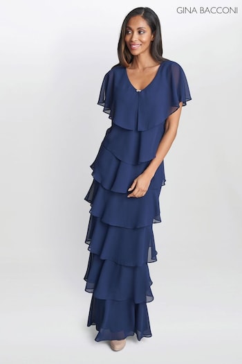 Gina Bacconi Blue Catherine Tiered Maxi Dress (T60977) | £240