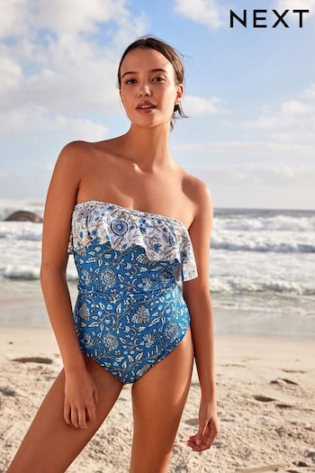 Blue Paisley Frill Plaited Bandeau Tummy Shaping Control Swimsuit (T61533) | £42