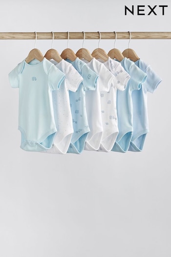 Blue/White Elephant 7 Pack Short Sleeve Baby Bodysuits (T61889) | £15 - £17