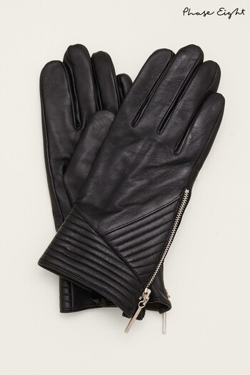 Phase Eight Ruthie Black Zip Leather Gloves (T62696) | £45