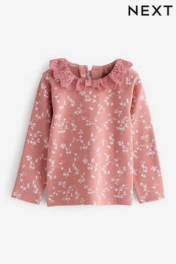 Pink Ditsy Brushed Broderie Collar Top (3mths-7yrs) (T64015) | £7 - £9