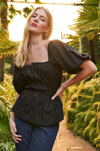 Another Sunday Puff Sleeve Top With Shirred Waist And Button Detail In Black (T65689) | £30