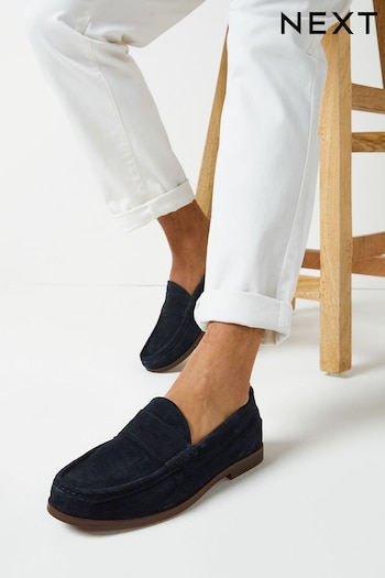 Navy Blue Suede Regular Fit Penny Loafers (T66521) | £48