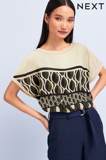 Khaki/Cream Geometric Placement Print Short Sleeve Curved Hem T-Shirt (T67182) | £22