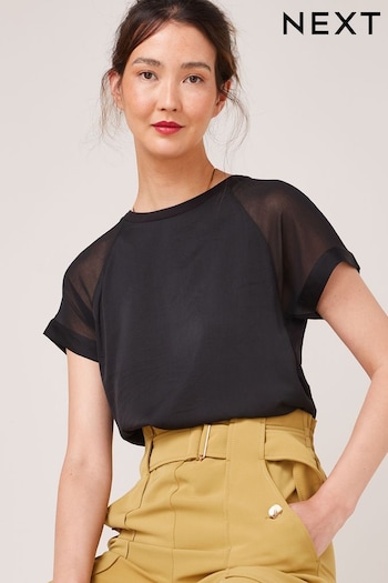 Black Woven Mix Short Sleeve Raglan T-Shirt (T67518) | £22