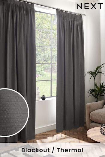 Dark Charcoal Grey Cotton Blackout/Thermal Pencil Pleat Curtains (T67542) | £40 - £105