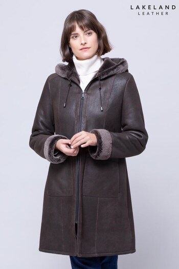 Lakeland Leather Brown Plumpton Sheepskin Hooded Coat (T68018) | £699